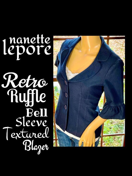 Nanette Lepore Jackets & Blazers - ▪️NANETTE LEPORE▪️Retro Navy Ruffle Bell Sleeve Textured Cotton Blend Blazer